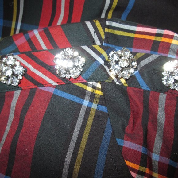 J.Crew 100% cotton deep red tartan plaid rhinestone button shoulder tunic - Picture 5 of 9